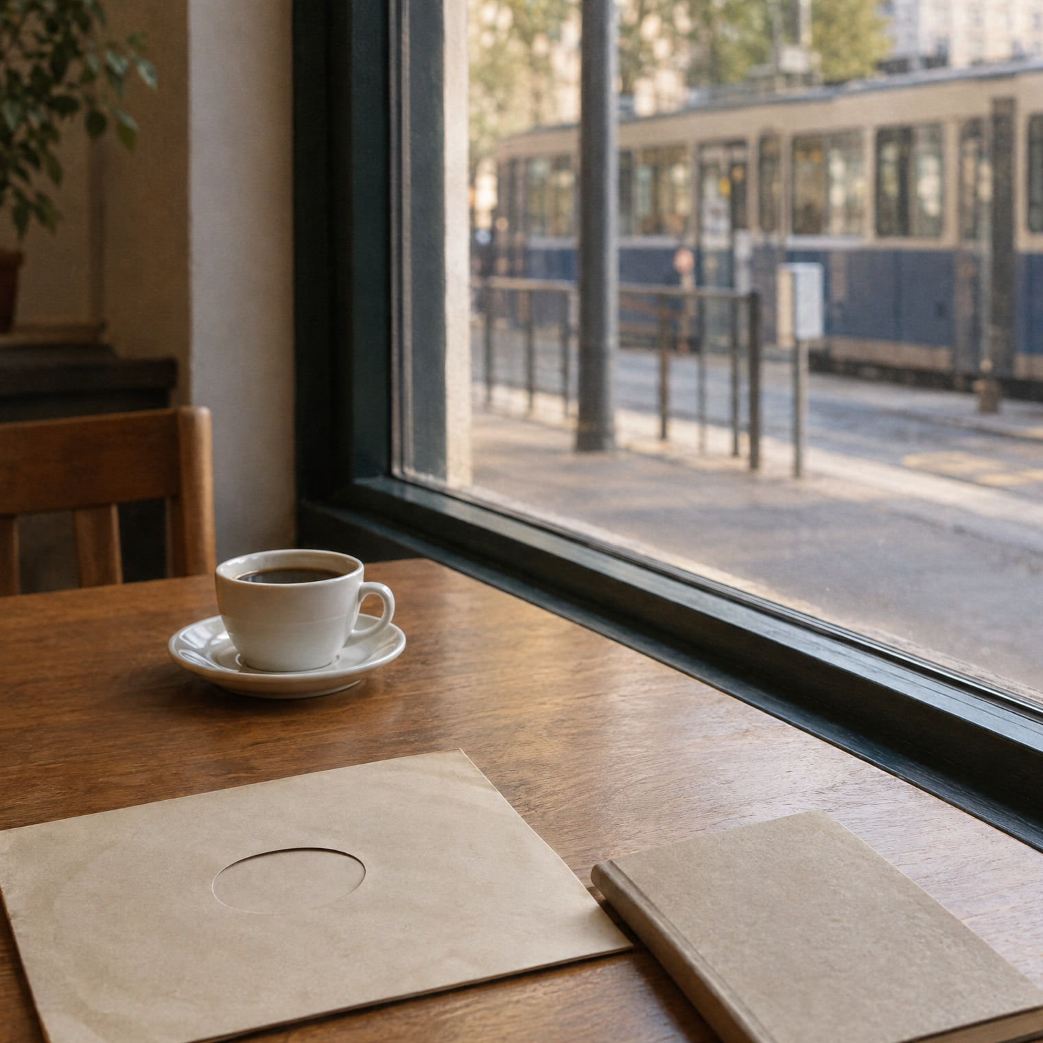 A café table beside a window in daylight: a small cup of black coffee, a plain paper record sleeve and a notebook, with a tram waiting outside.